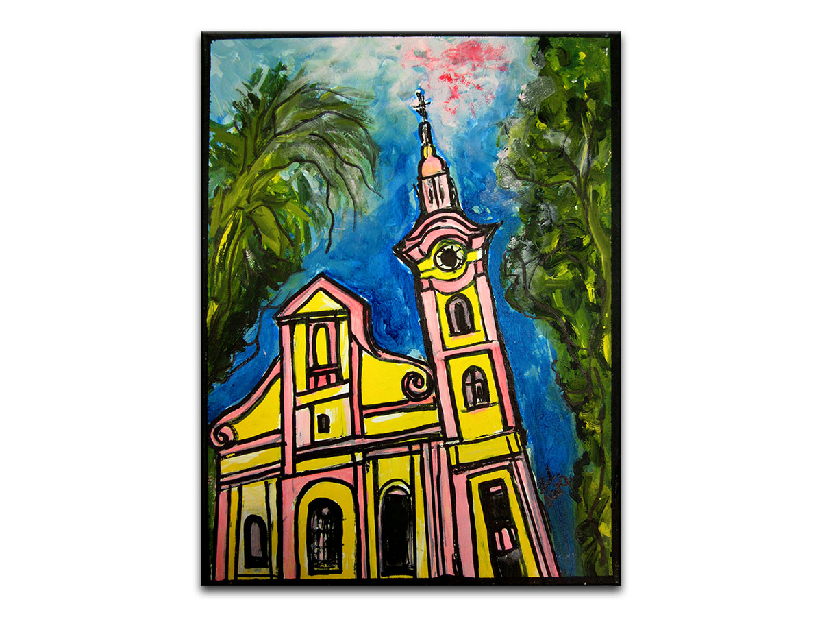Moderne slike u galeriji MAG - Umjetnička slika Crkva u perspektivi akril na napetom platnu 40x30 cm