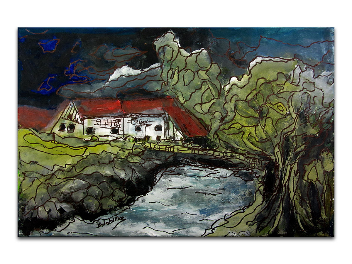 Moderne slike u galeriji MAG - Umjetnička slika Hiža pokraj potoka akril na napetom platnu 30x20 cm