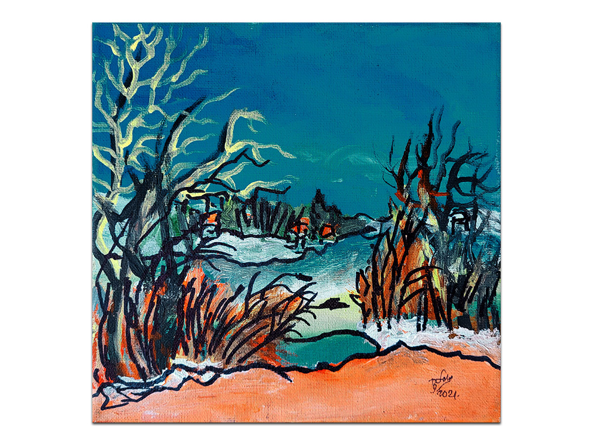 Moderne slike u galeriji MAG - Umjetnička slika Zimski potok akril na napetom platnu 25x25 cm