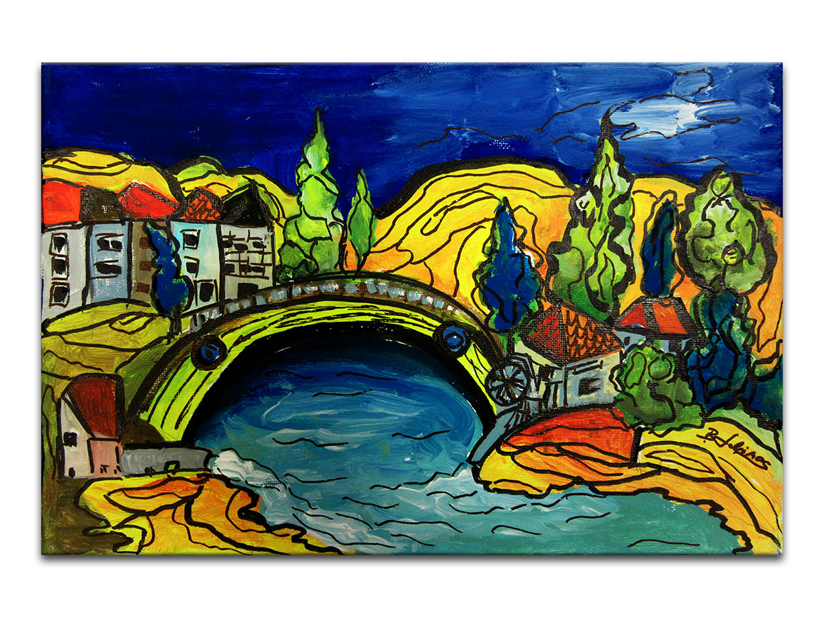 Umjetničke slike u galeriji MAG - Umjetnička slika Most iznad planinske rijeke Akril na napetom platnu 30x20 cm