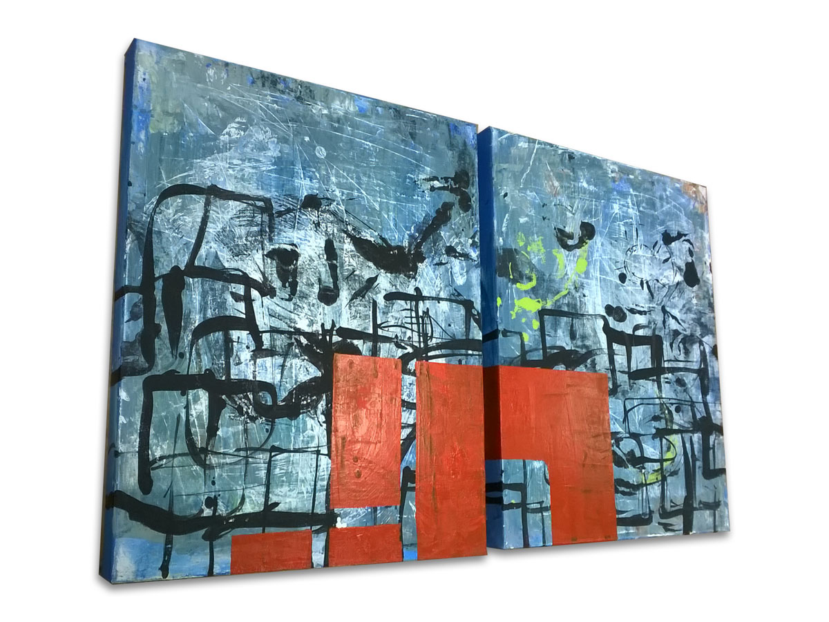Slika na platnu prodaji galerije MAG - apstraktna slika diptih - Sekvence i elementi akril na platnu 2x50x40 cm