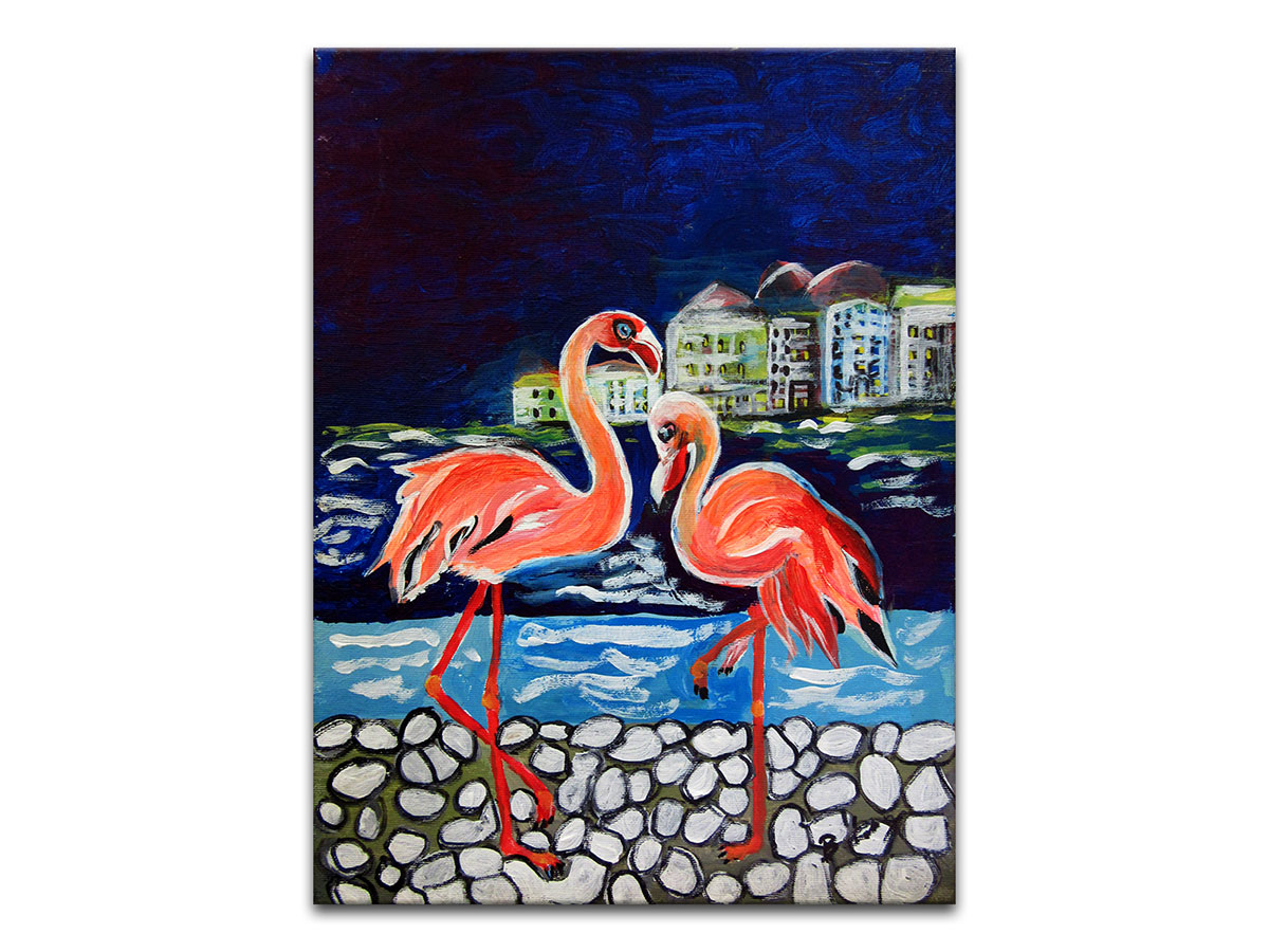Moderne slike u galeriji MAG - Umjetnička slika Flamingosi na rivi akril na kaširanom platnu 40x30 cm