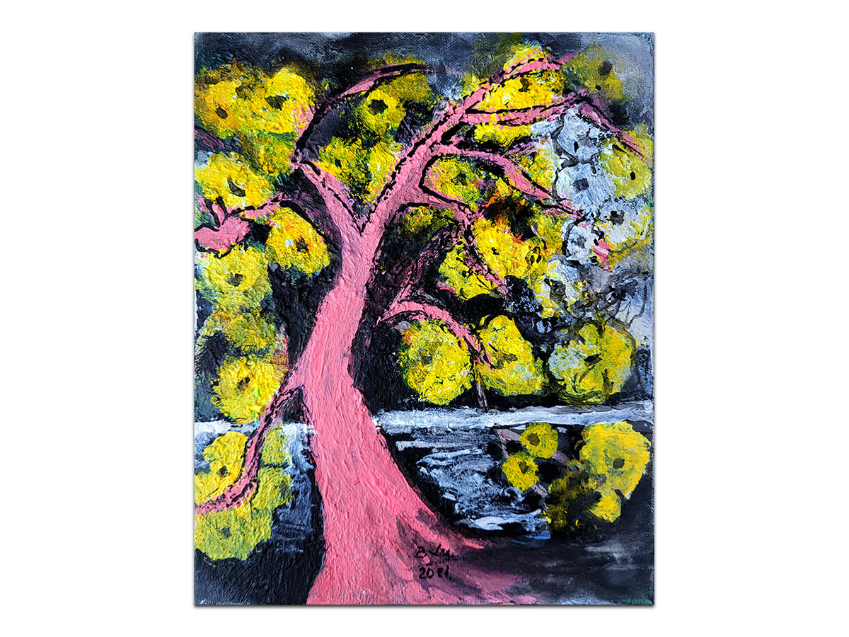Moderne slike u galeriji MAG - Umjetnička slika Drvo žutih cvjetova akril na napetom platnu 25x25 cm