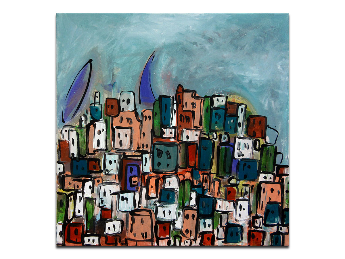 Prodaja umjetničkih slika u online galeriji MAG - apstraktna slika Grad na mediteranu akril na napetom platnu 70x70 cm