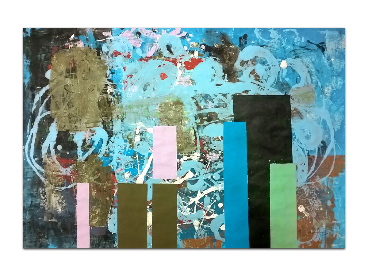 Opremanje interijera slikama iz galerije MAG - originalna apstraktna slika Hijerarhija grada akril na hameru 100x70 cm