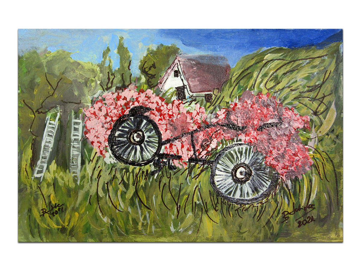 Moderne slike u galeriji MAG - Umjetnička slika Bicikl u cvijeću akril na kaširanom platnu 30x20 cm