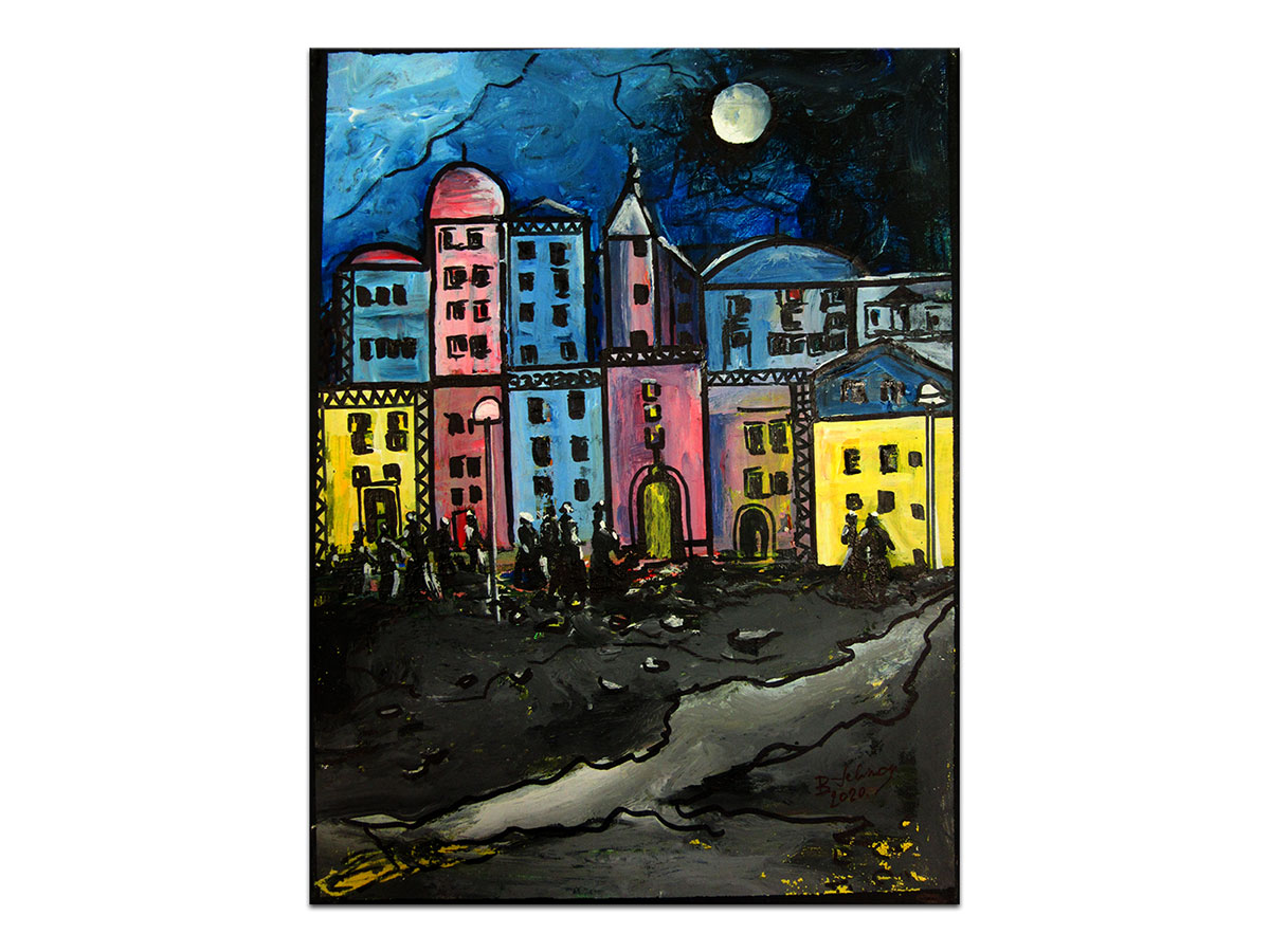 Moderne slike u galeriji MAG - Umjetnička slika Grad noću akril na napetom platnu 40x30 cm