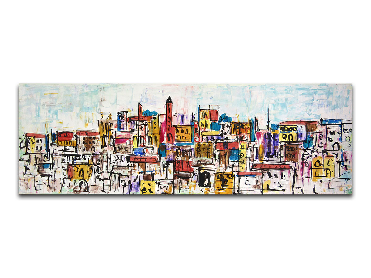 Dizajn interijera slikama iz ponude galerije MAG - umjetnička slika Šareni grad akril na platnu 120x40 cm