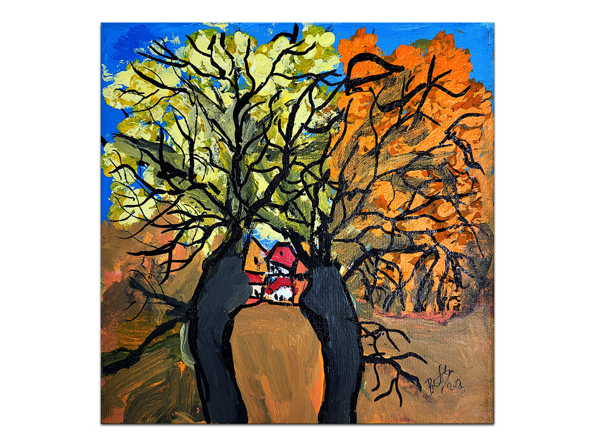 Moderne slike u galeriji MAG - Umjetnička slika Pogled iz voćnjaka akril na napetom platnu 25x25 cm