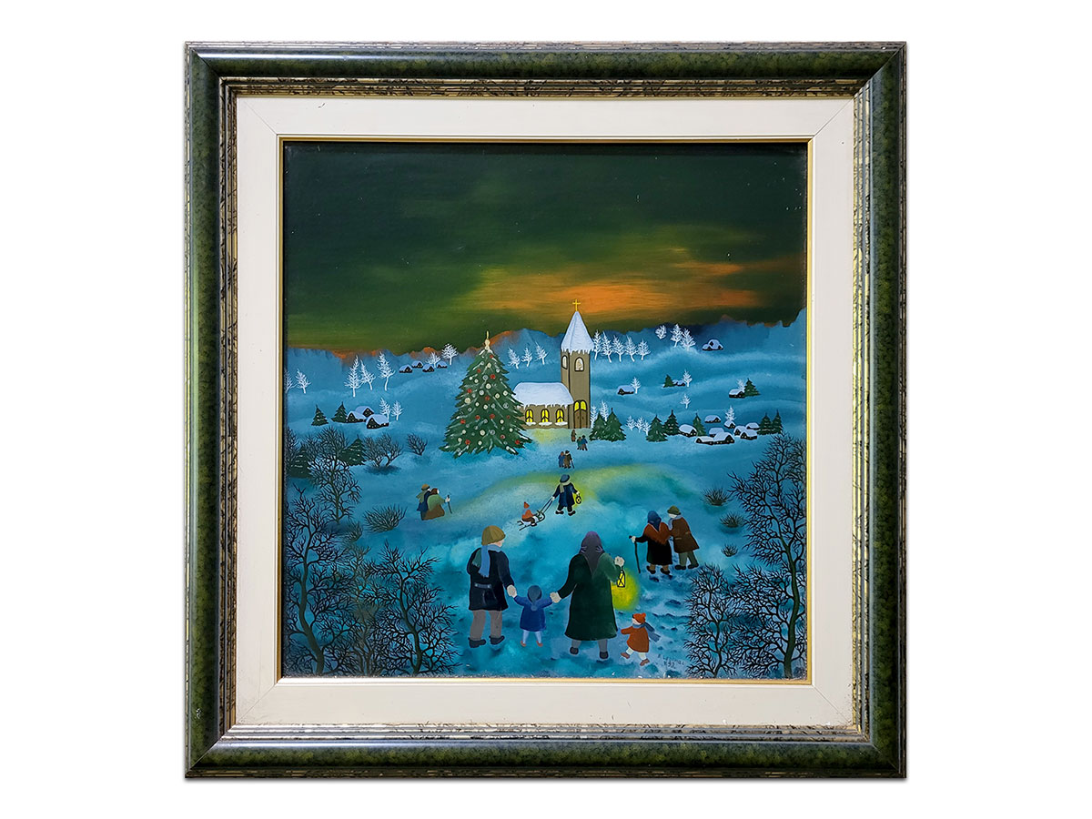Moderne slike u galeriji MAG - Umjetnička slika - naiva - Odlazak na polnoćku Ulje na staklu, Uokvireno 60x60 cm