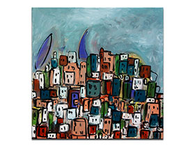 Prodaja umjetničkih slika u online galeriji MAG - apstraktna slika Grad na mediteranu akril na napetom platnu 70x70 cm