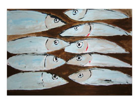 Moderna galerija Split - MAG galerija - originalna apstraktna slika Srdele za gradele akril na hameru 100x70 cm