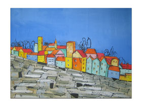 Slike za sobe vaših interijera u prodaji galerije MAG - Grad u bojama 2 - apstraktna slika na platnu 80x55 cm